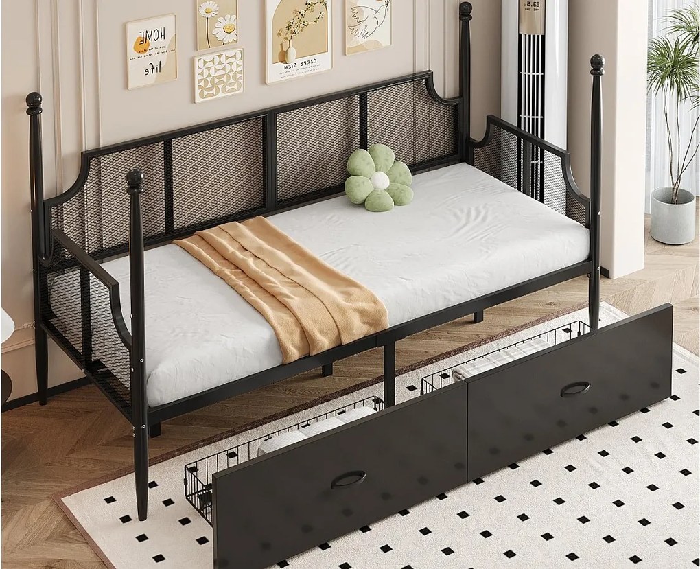 Kanapa rozkładana z kutego żelaza 90x200 cm - z 2 szufladami - konstrukcja metalowa - z komorą przechowawczą - czarny