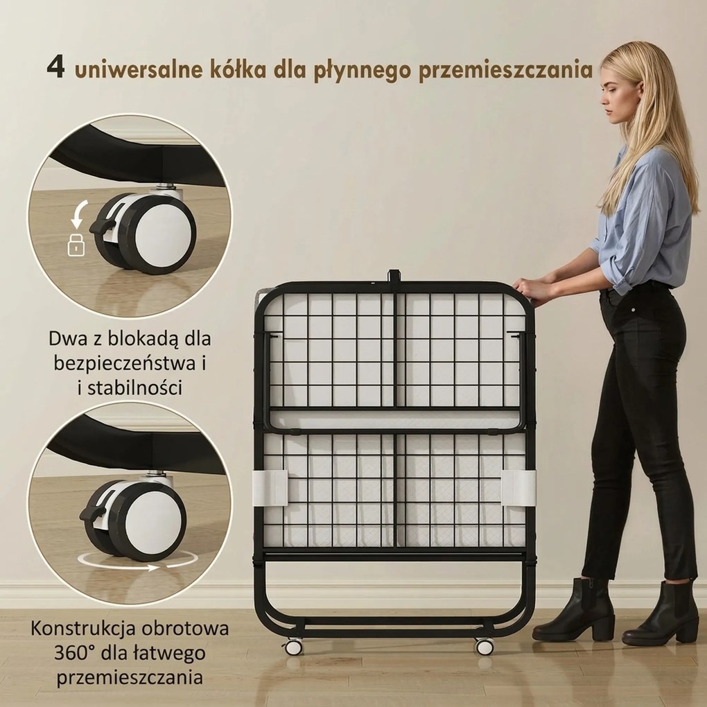 HOMCOM Łóżko gościnne, łóżko rozkładane, łóżko podróżne z kółkami, mata, stal, Biały+Czarny