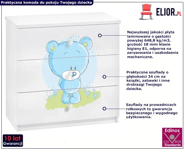 Biała komoda z niebieskim misiem i szufladami - Rostok 10X