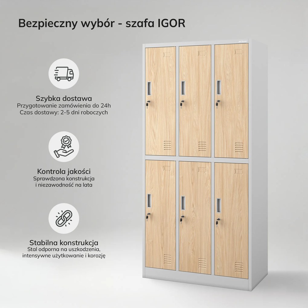 Szafa socjalna ubraniowa 6-drzwiowa szara/dąb sonoma, 900x1850x450 mm: IGOR Eco Design