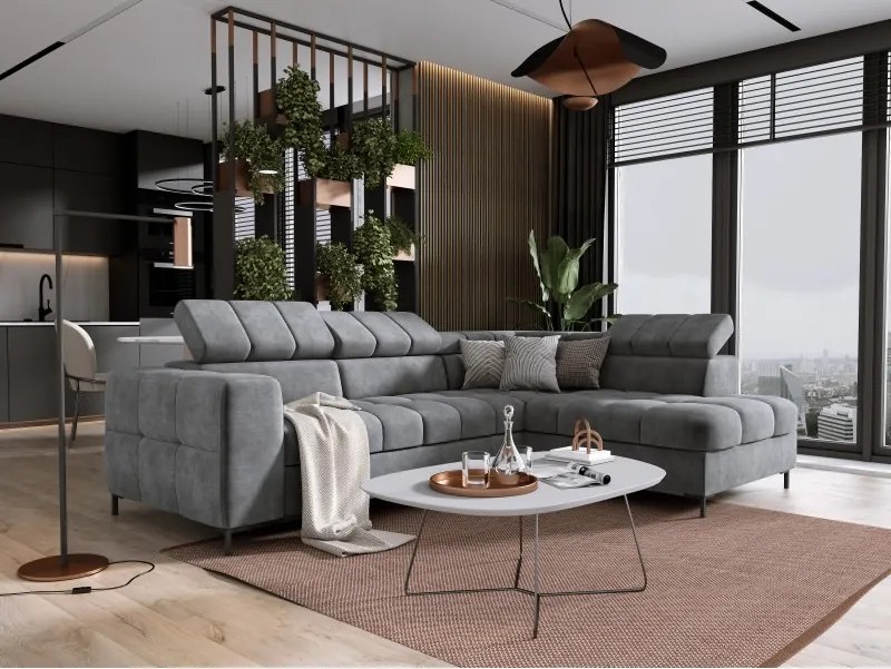 Narożnik PABLOS układ L strona Prawa w tkaninie CLOUD 82 regulowane zagłówki z funkcją spania