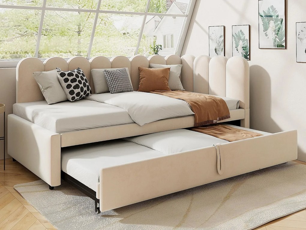 Kanapa rozkładana 90x200 cm - z łóżkiem wysuwanym - welur - beżowy (materac nie jest w zestawie)