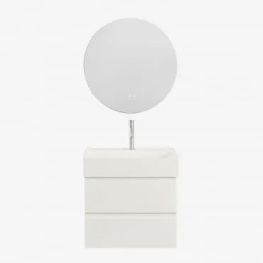 Zestaw Wiszących Mebli Łazienkowych Z Drewna I Forniru Jesionowego Zintegrowany Z Umywalką Ona Biała & Okrągła - Sklum