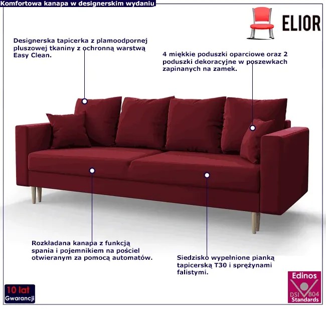 Bordowa welurowa sofa rozkładana - Adante