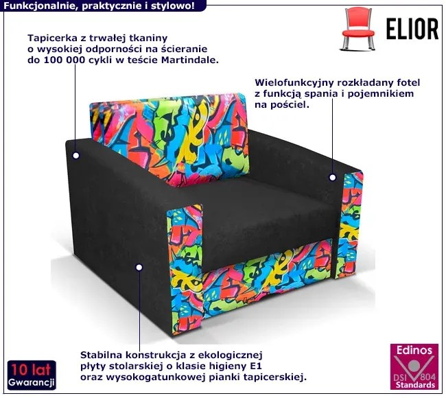 Czarny fotel z funkcją spania w kolorowe grafiti L5-H91