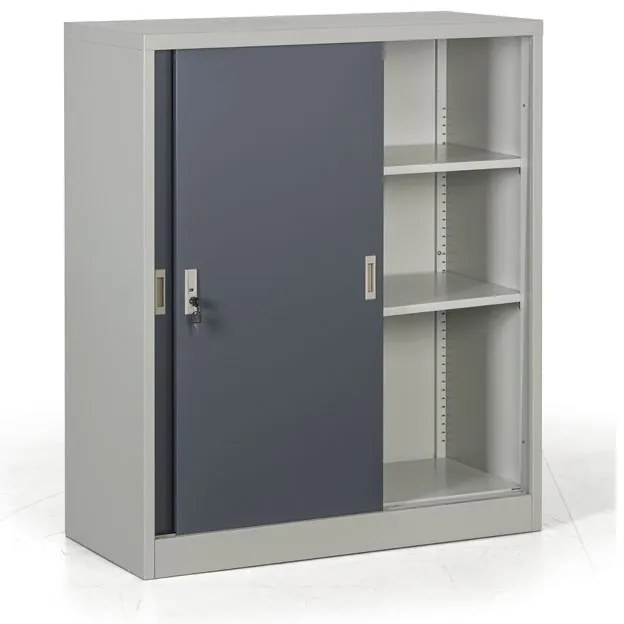 Metalowa szafa z przesuwnymi drzwiami, 2 półki, 1000 x 1200 x 450 mm, ciemnoszary