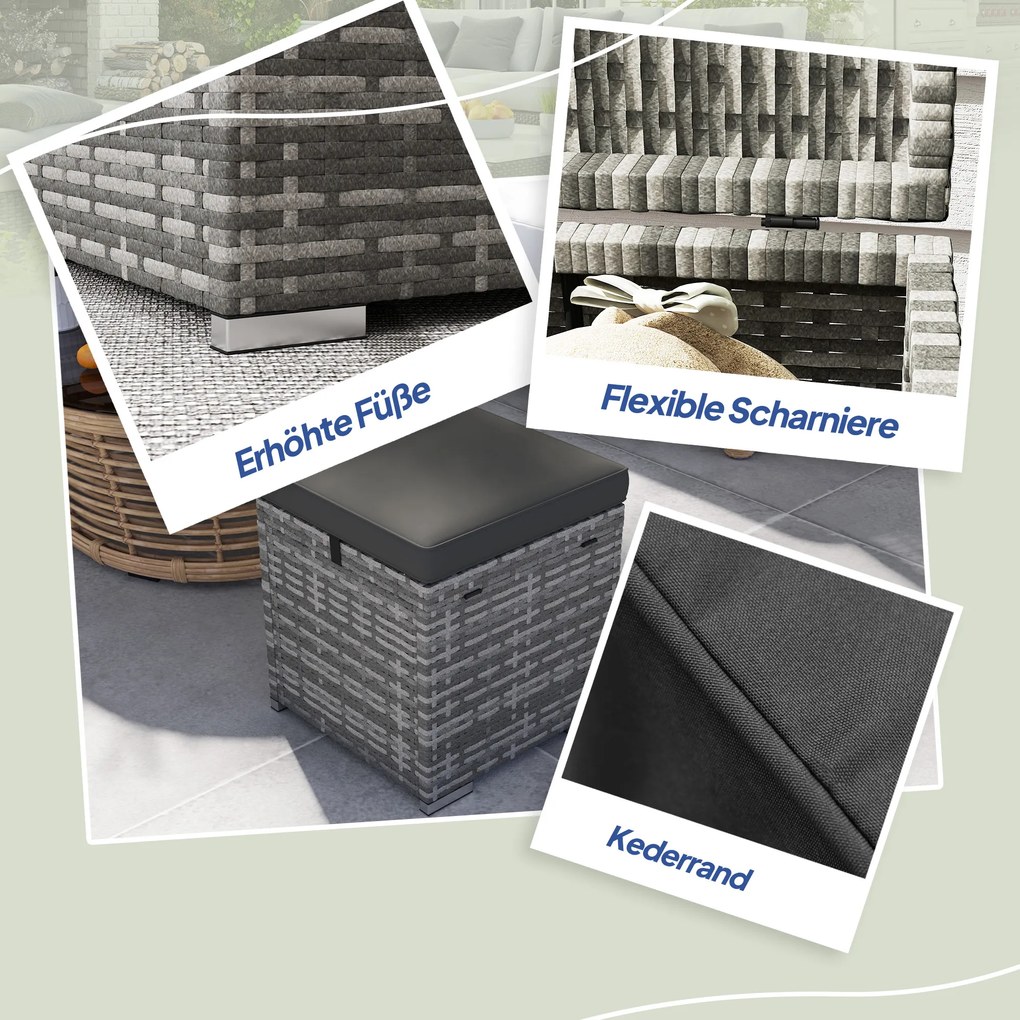 Outsunny Zestaw 2 Stołków Rattanowych z Poduszką, Ukryte Miejsce do Przechowywania, Do 120 kg, 40x40x41 cm, Ciemnoszary