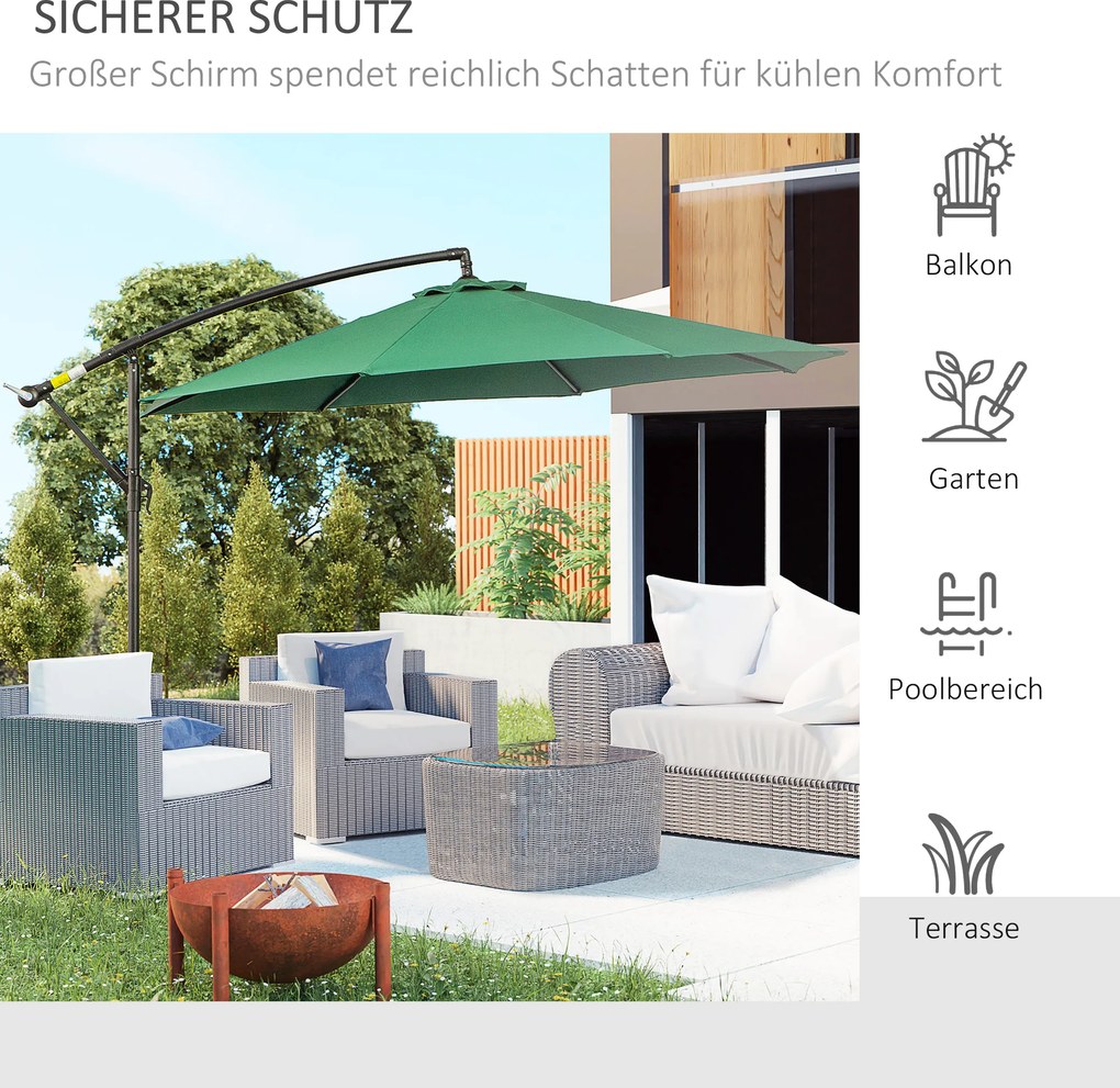 Outsunny parasol przeciwsłoneczny na wysięgniku z korbką ręczną odpinany zielony ochrona UV | Aosom PL