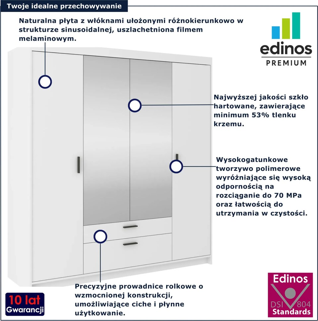 Biała garderoba czterodrzwiowa z lustrem K8-R43