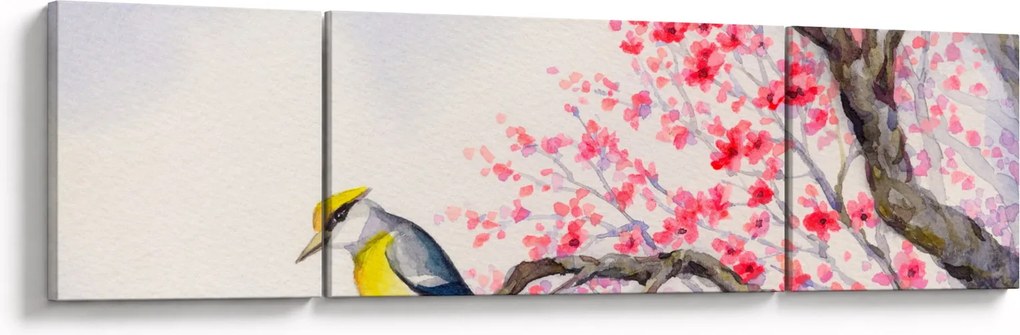 Obraz - ptak na drzewie z czerwonymi kwiatami (170x50 cm)