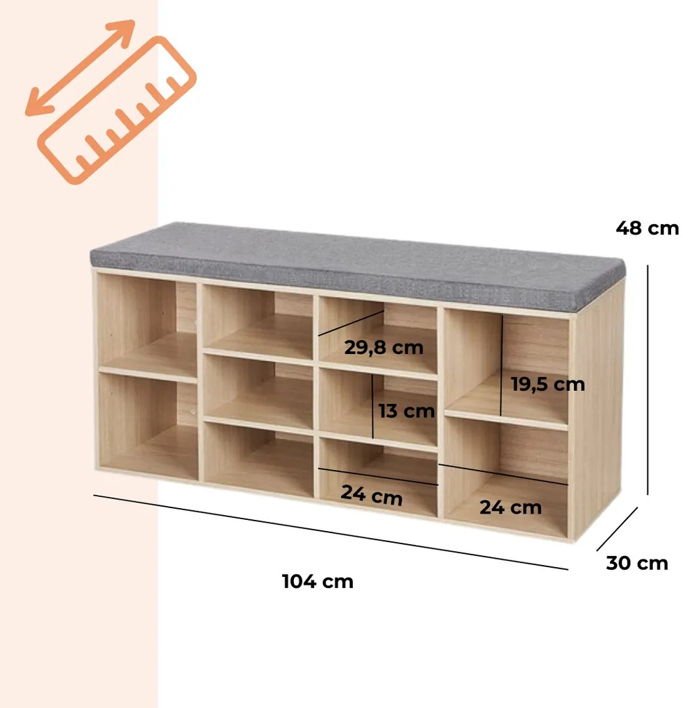 Szafka na buty z tapicerowaną ławką GABI, 10 przegródek, 104x30x48cm, szary/jasnobrązowy Jurhan