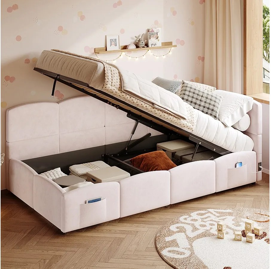 Sofa rozkładana 90x200 cm z pojemnikiem na pościel i stelażem, port USB - różowy aksamit (bez materaca)