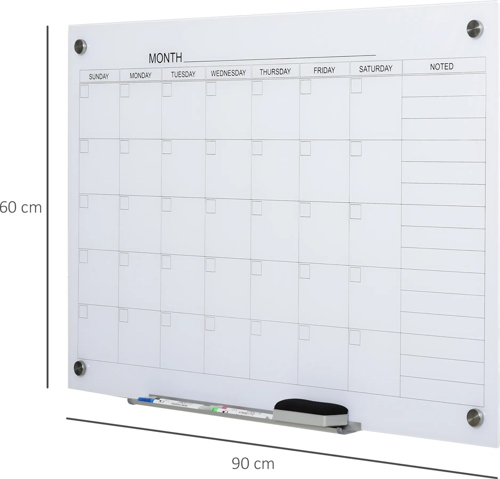 Vinsetto Tablica kalendarzowa ze szklanym klipsem i uchwytem na marker z gumką Biała 90x60 cm | Aosom PL