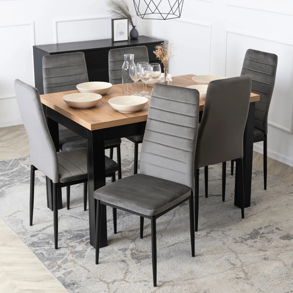 Zestaw Stół Rozkładany SKUBI 120-160 cm Dąb Craft/Czarny i 6 Krzeseł NARIS Szare Welurowe