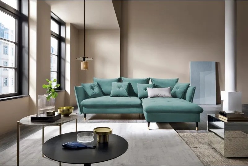 Narożnik GLAM Prawostronny z funkcją spania, zestaw z poduszkami wolnostojący tkanina RIVIERA 76 Miętowy DOMO HOME