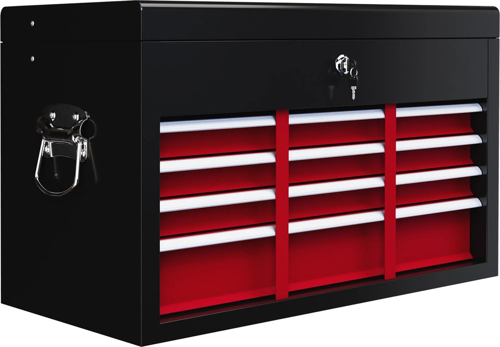 HOMCOM Skrzynka na Narzędzia, Zamykana, 3 Szuflady, Obudowa Stalowa, 60x26x34cm, Czerwony+Czarny