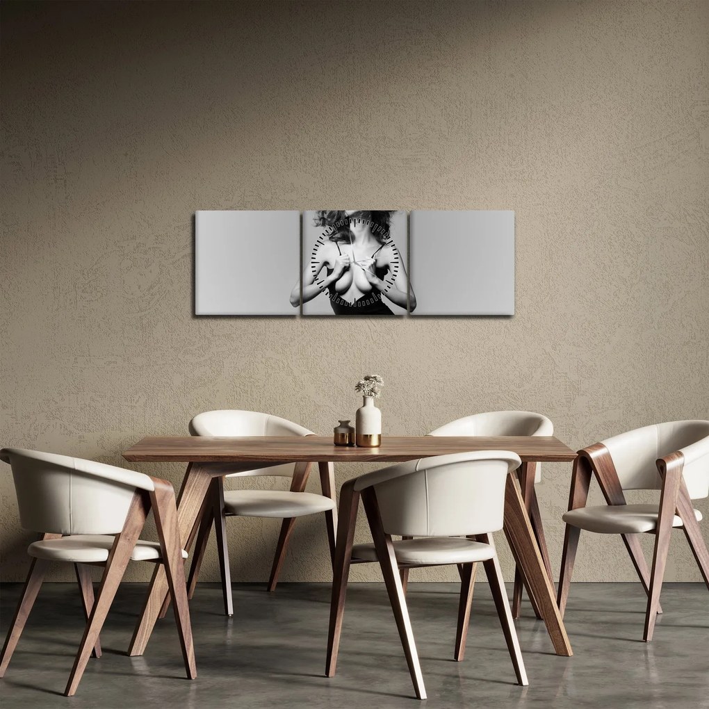 Obraz kobiety w czarnej sukience (z zegarem) (90x30 cm)