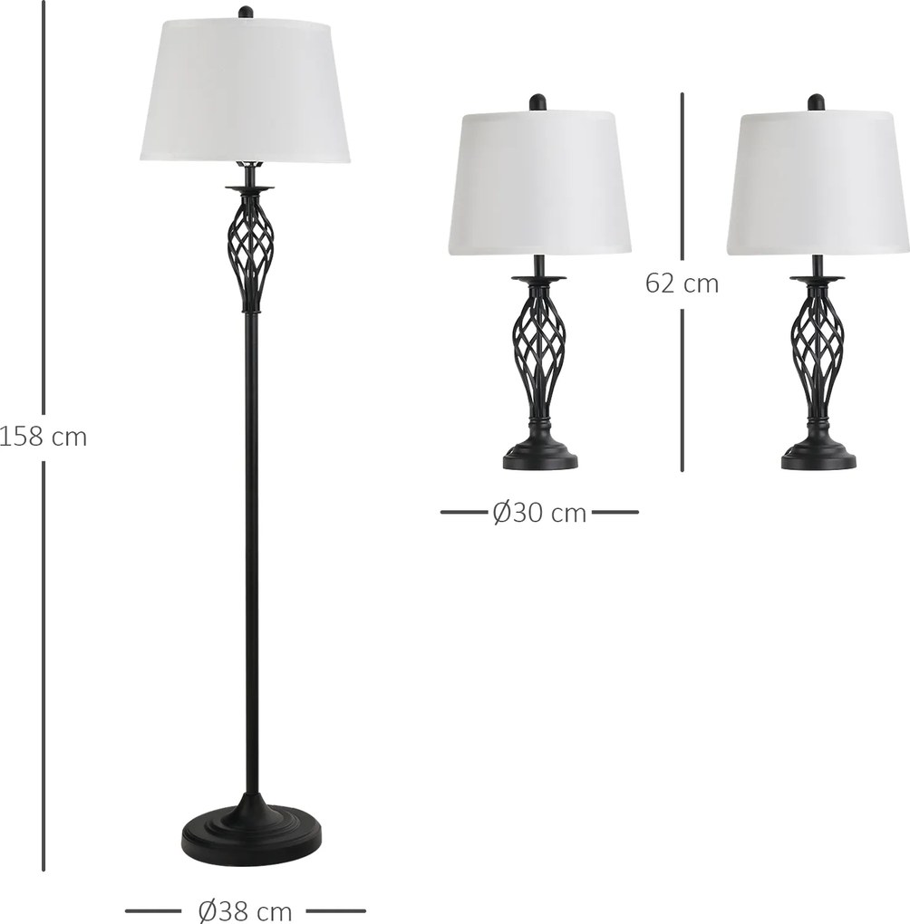 Zestaw 3 lamp HOMCOM: 2 lampy stołowe (ø38 x 158H cm) + 1 lampa stojąca (ø30 x 62H cm), metal, PS, poliester, bawełna, styl vintage, czarny+biały