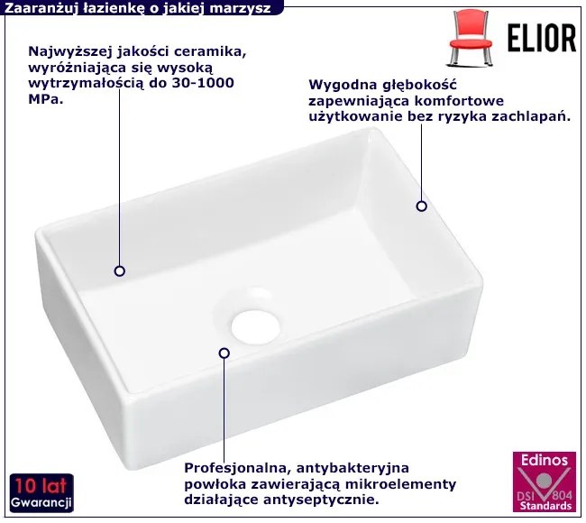 Biała prostokątna umywalka na blat - Cevox 45 cm