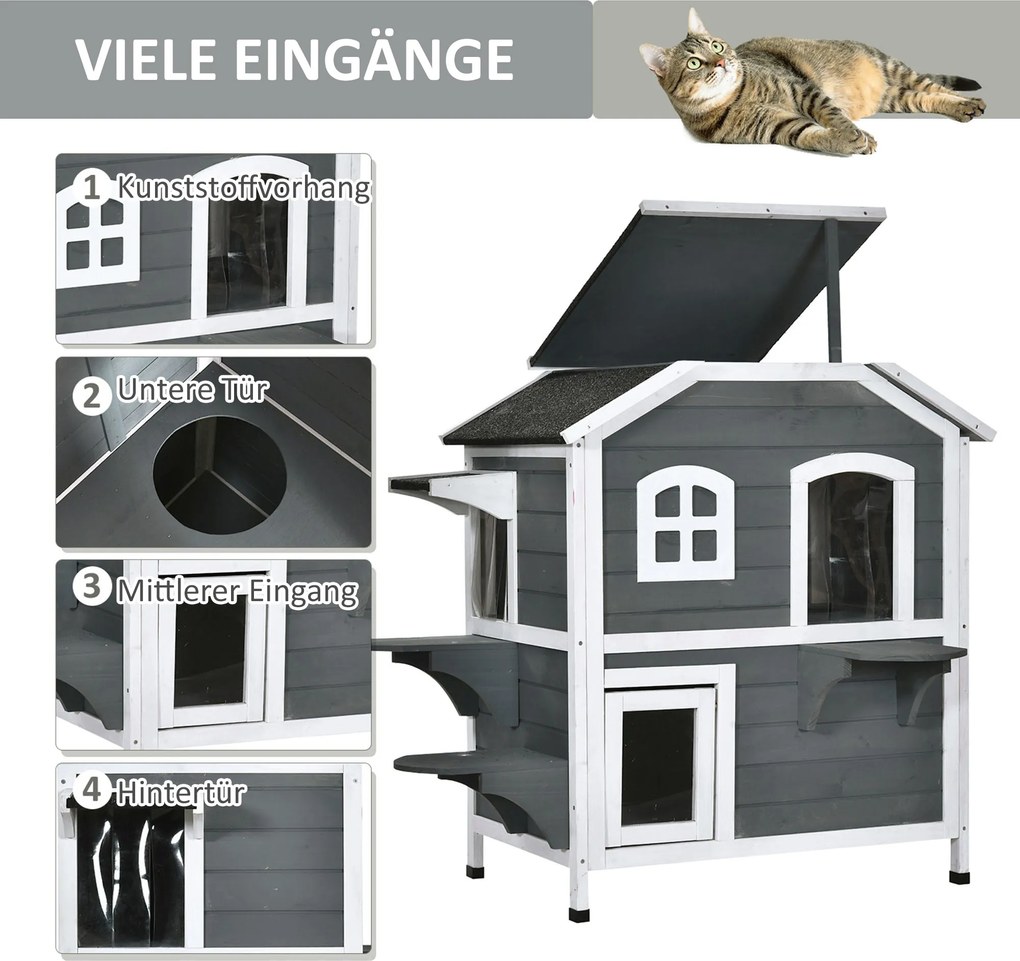 Pawhut Domek dla Kota Ogrodowy 2-poziomowy Dach Asfaltowy Drewno Szary Przestronny | Aosom PL