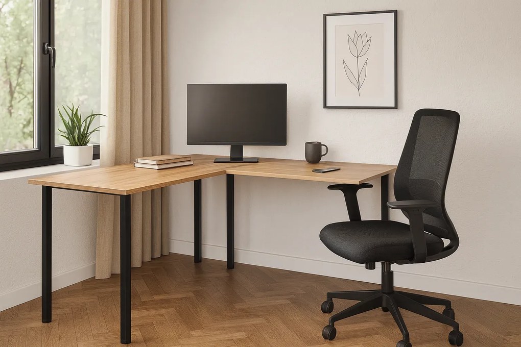 Loftowe biurko kątowe z regulacją wysokości nóżek 120x150x60 dąb craft złoty E0-B54