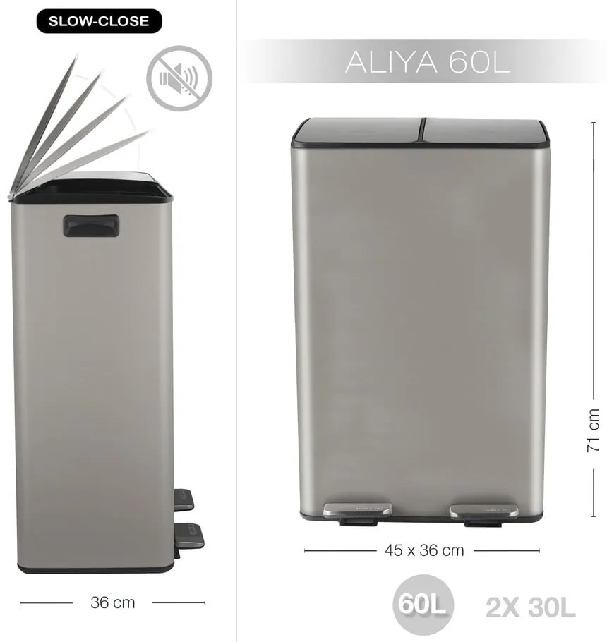 Szarobrązowy stalowy kosz na śmieci 2x30 l do segregacji odpadów/z pedałem Aliya – Spirella
