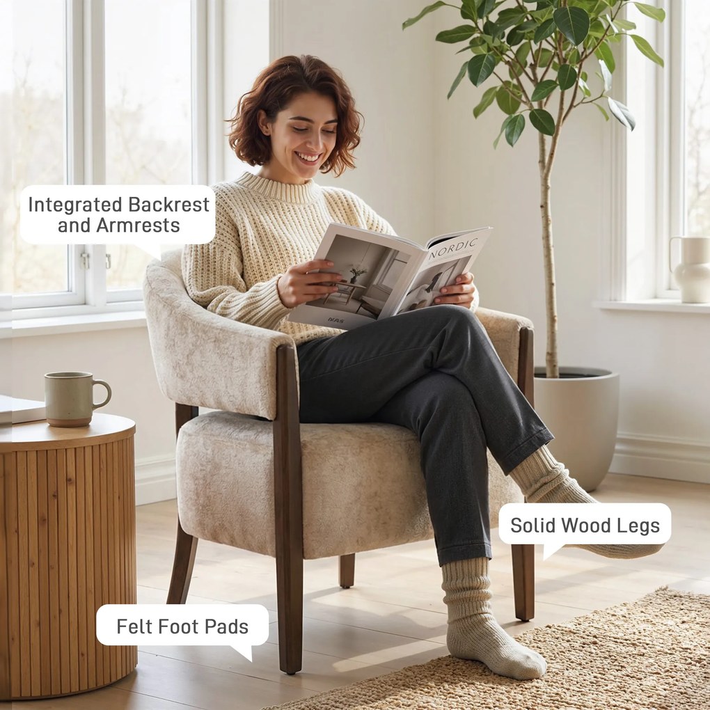 HOMCOM Fotel akcentowy, tapicerowany fotel z ramą i nogami z litego drewna, beżowy | Aosom PL