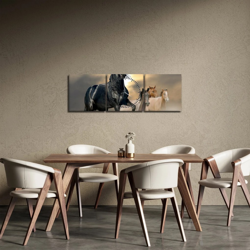 Obraz - Konie (z zegarem) (90x30 cm)
