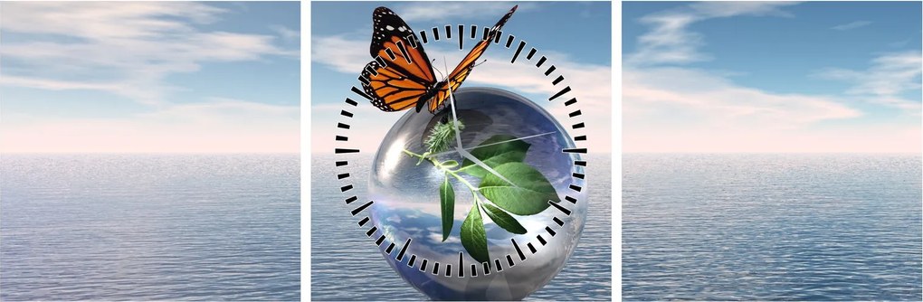 Obraz motyla na szklanej kuli (z zegarem) (90x30 cm)