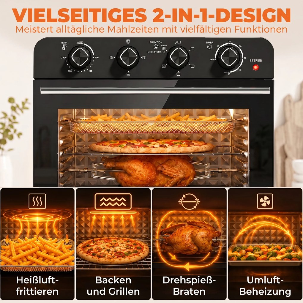 HOMCOM Piekarnik-frytkownica z termoobiegiem i zestawem rożna, regulator temperatury, minutnik, 1800 W | Aosom PL