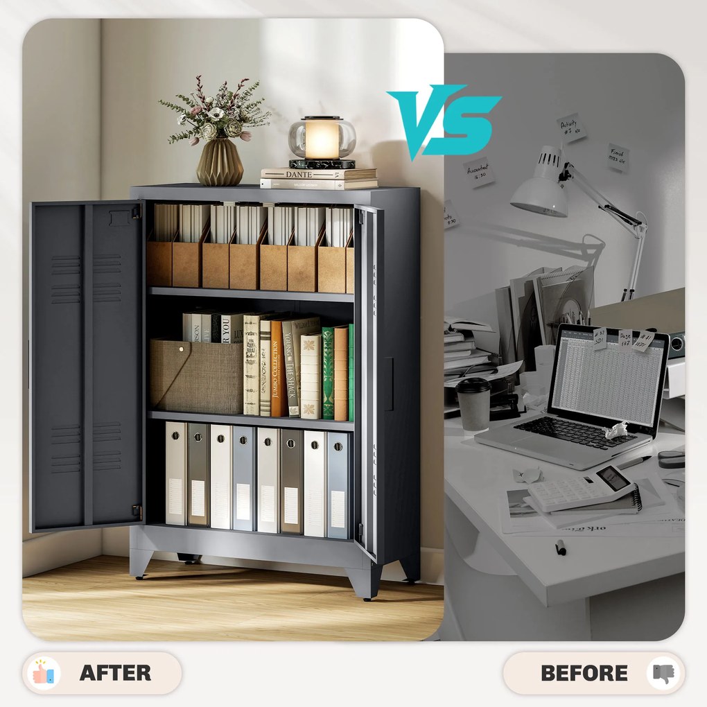 HOMCOM Szafka na Akta z Drzwiami Lamelowymi, Szafka Magazynowa, Metalowa z 2 Regulowanymi Półkami, 75 x 33 x 110 cm, Szary