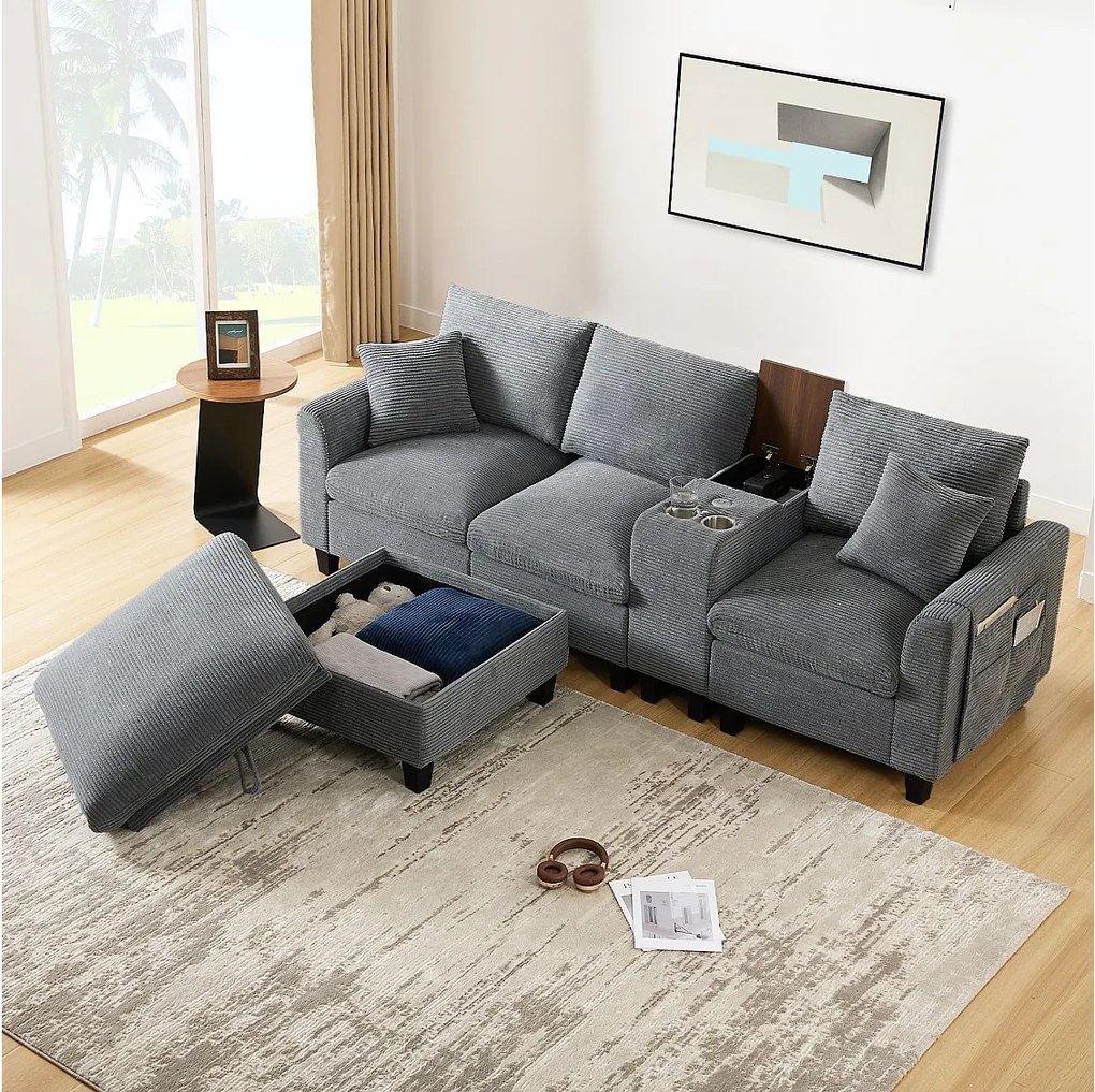 Nowoczesna sofa 4-osobowa z podnóżkiem ze schowkiem + 2 uchwyty na kubki + port USB - 229 x 149,5 x 83 cm - Aksamit - szary