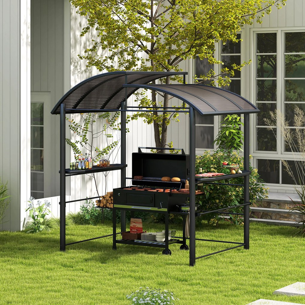 Outsunny Altanka grillowa z dachem grillowym, odporna na warunki atmosferyczne, 240 cm x 150 cm x 230 cm, żółto-brązowy + ciemnoszary