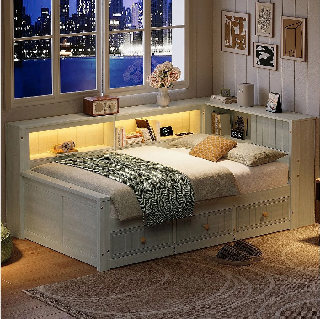 Drewniana sofa dziecięca z funkcją spania - 90 x 200 cm - z półką do przechowywania + 3 szuflady + diody LED - płyta MDF + sklejka - szara