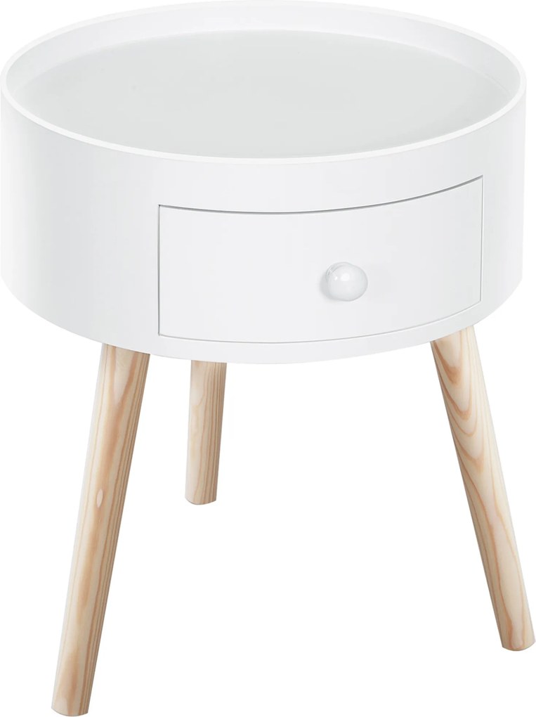 HOMCOM Stolik kawowy z szufladą, okrągły stolik pomocniczy, stolik do salonu, sypialni, wytrzymały do 50 kg, kolor biały, 38 x 38 x 45 cm