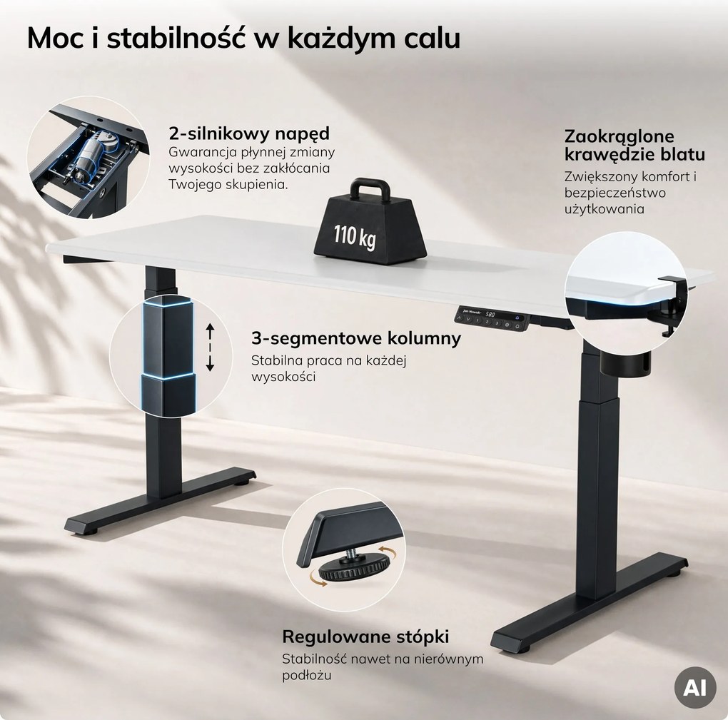 Biurko elektryczne z regulacją wysokości ergonomiczne antracytowo-białe, 1600x800 mm: ARIA