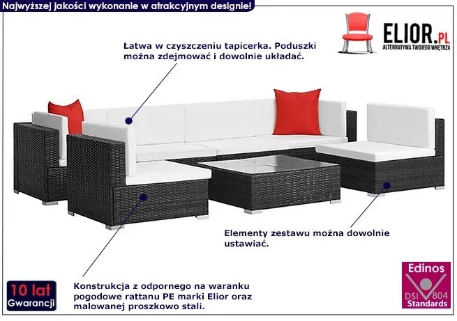 7-częściowy zestaw ogrodowy czarno śmietankowy z czerwonymi poduszkami 180cm