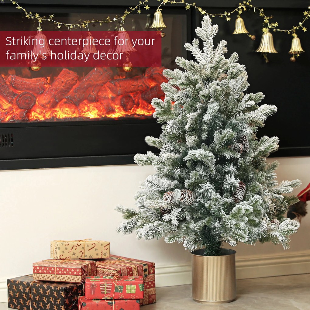 HOMCOM Choinka z szyszkami, pokryta śniegiem, niepalna, stabilna, Ø60 x 100H cm, Zielony/Złoty | Aosom PL