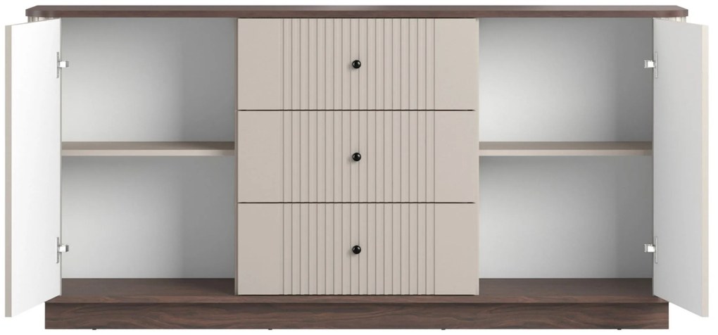 Komoda Vesper 160 cm z szufladami na cokole - kaszmir / orzech / czarne uchwyty