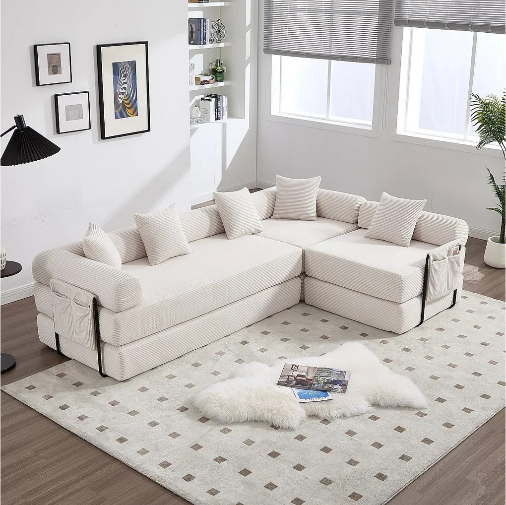 Sofa rozkładana 4-osobowa - 270 x 180 x 64 cm - konstrukcja modułowa - aksamit - beż