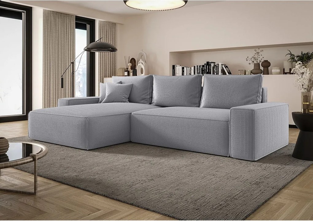 Narożnik MONA z funkcją spania POSO 55 jasnoszary lewy sofa w kształcie litery L z pojemnikiem na pościel kanapa do salonu sofa rozkładana