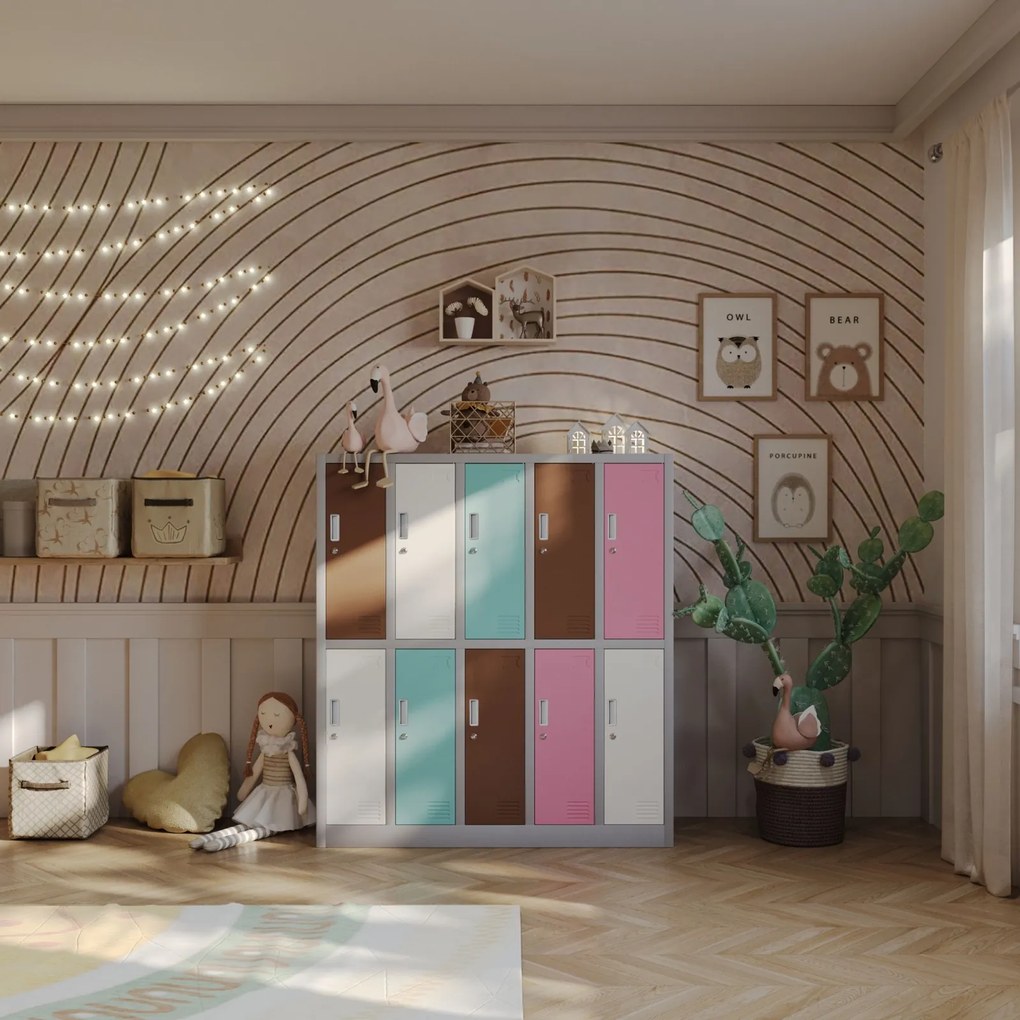 Pastelowa szatnia szkolna 10-skrytkowa Bartuś 136x45x150 cm