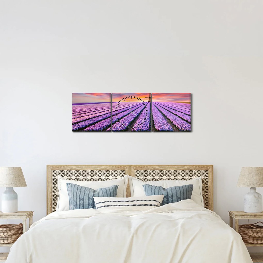 Obraz - farma kwiatów (z zegarem) (90x30 cm)
