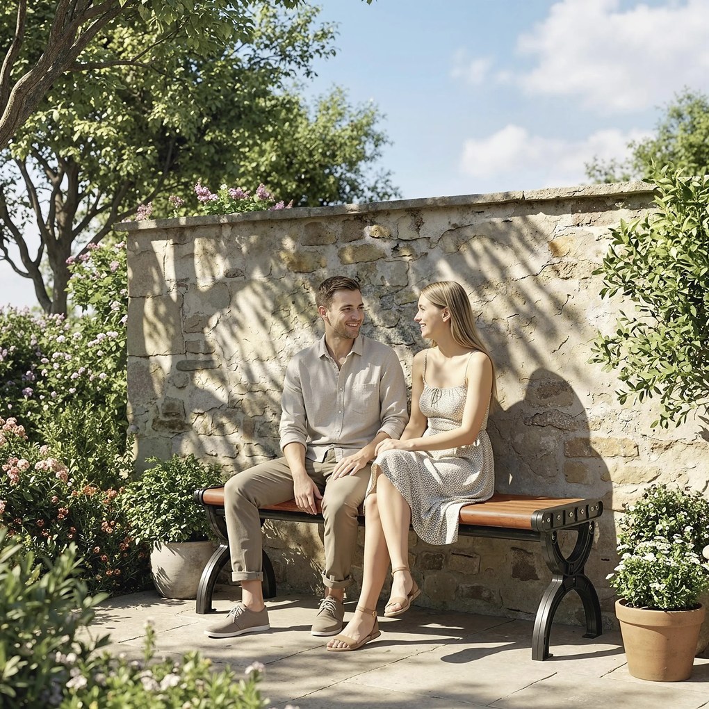 Outsunny Ławka 2-osobowa, ławka zewnętrzna z metalową ramą i siedziskiem z listew, meble tarasowe do ogrodu i na taras | Aosom PL