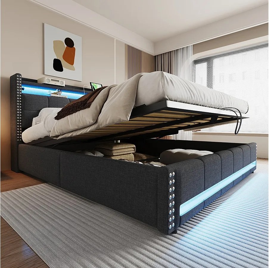 Podwójne tapicerowane łóżko ze schowkiem - 180 x 200 cm - z diodami LED + USB + zagłówek ze schowkiem - len + metal + sklejka + MDF - szary