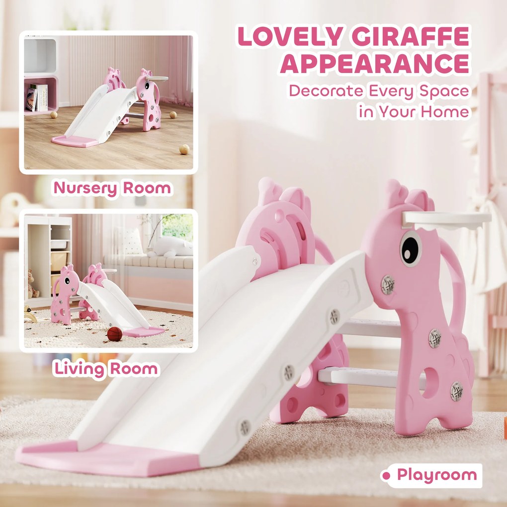 AIYAPLAY 3-w-1 Zjeżdżalnia dla dzieci w kształcie żyrafy, z koszem do koszykówki i piłką, różowa | Aosom PL