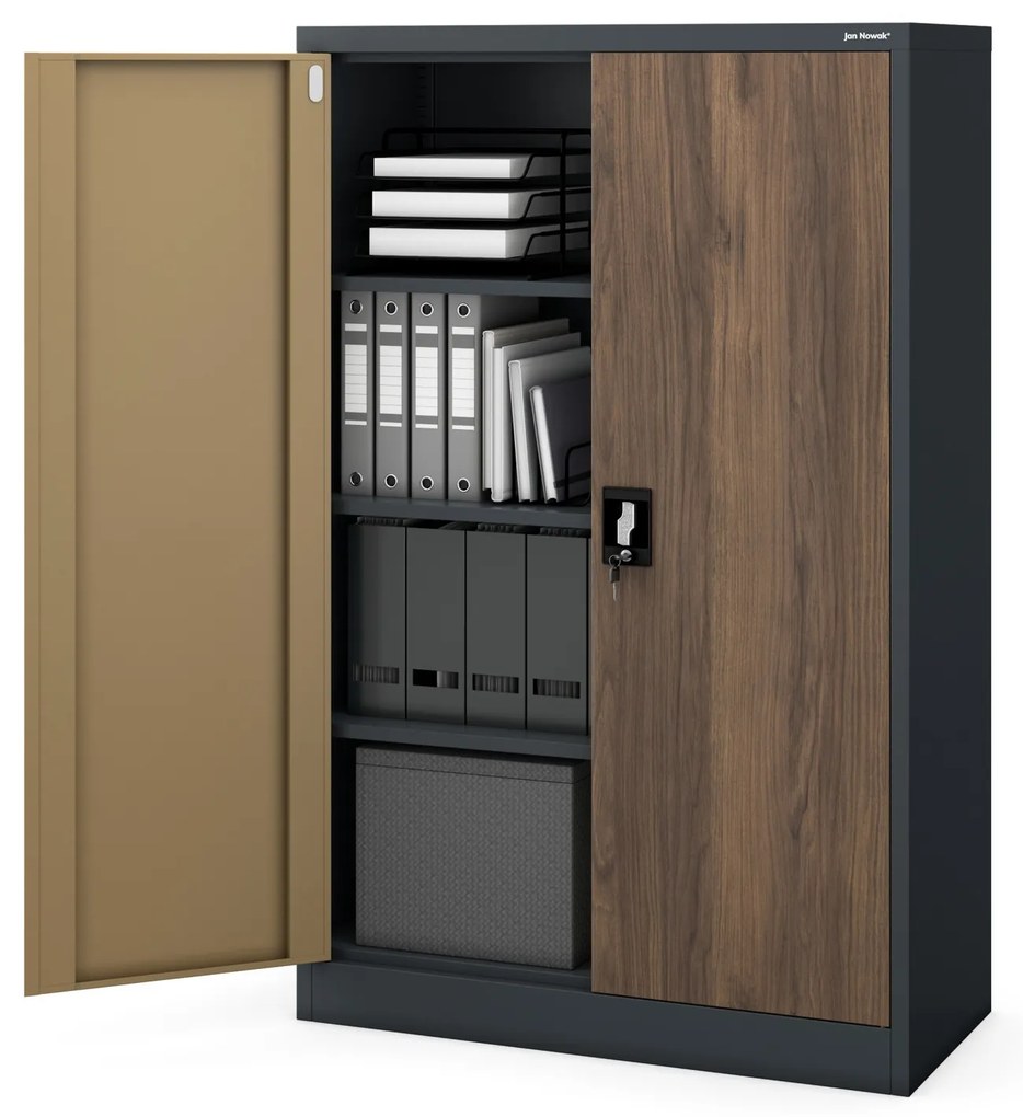 Szafa biurowa metalowa niska z 3 półkami antracytowa/orzech, 900x1400x400 mm: KEVIN Eco Design
