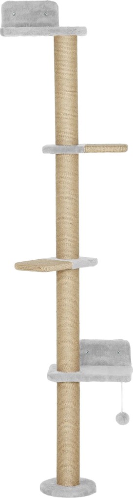 PawHut Drapak dla Kotów, 5-poziomowy Design, Zabawka, Słup Sizalowy, Pluszowy Materiał, Jasnoszary