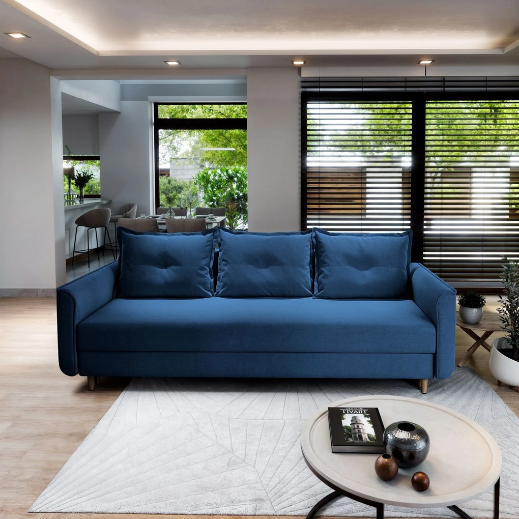 Masseno Sofa NAPOL z funkcją spania i pojemnikiem na pościel, Rozkładana sofa - Niebieski, KRONOS 09