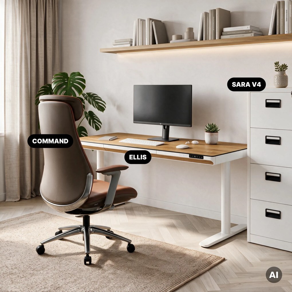 Biurko elektryczne sit-stand z szufladą i ładowarką bezprzewodową Qi białe/złoty dąb, 1600 mm: ELLIS